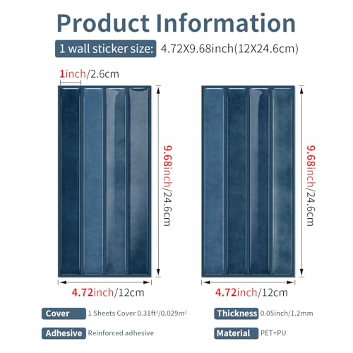 VICCI Peel and Stick Backsplash, Ocean Blue, 4.72x9.68 - color: Ocean Blue