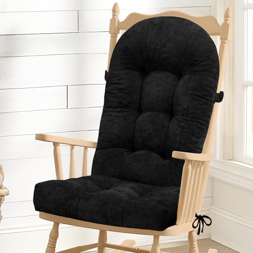 Rocking Chair Cushion - Chenille Fabric, High-Density Sponge, Durable Comfort Non-Slip Bottom Tufted Seat Pads with Ties, Chenille︱Black, 44x19x4 inch - color: Chenille I Black