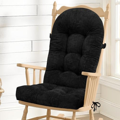 Rocking Chair Cushion - Chenille Fabric, High-Density Sponge, Durable Comfort Non-Slip Bottom Tufted Seat Pads with Ties, Chenille︱Black, 44x19x4 inch - color: Chenille I Black