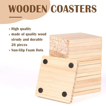 26 Pack Unfinished Wood Coasters, 4 Inch Square Blank Wooden Coasters Crafts Coasters with Non-Slip Silicon Dots for DIY Stained Painting Engraving Burning Home Christmas Decoration