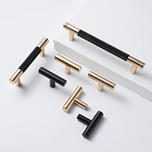 12 Pack 5 Inch 128 mm Knurled Cabinet Handles Cabinet Pulls Aluminum Handles Knurled Drawer Pulls Gold and Black Oxidation Finish with Diamond Pattern 6.2" Length (5" Hole Center) - color: Gold Black, size: 5 Inch