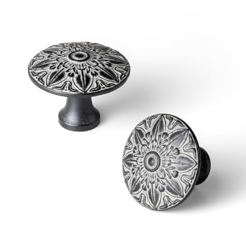 6 Pack Distressed Black Cream Cabinet Knob, Mandala Drawer Pull - color: Distressed Black & Cream