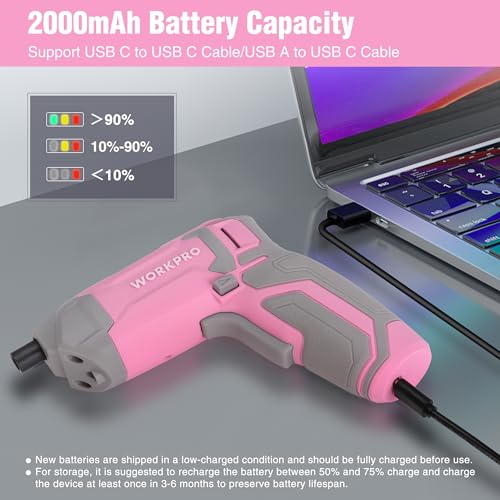 WORKPRO Pink Cordless Screwdriver Set, Rechargeable Eccentric Screwdriver