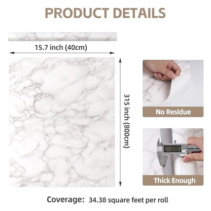 White and Grey Marble Contact Paper Thick 15.7''x315'' - size: 15.7" x 315"