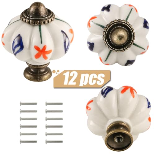12pcs Ceramic Pumpkin Knobs - Red Flower & Blue Leaf - style: Red Flower & Blue Leaf