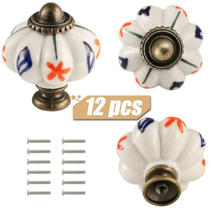 12pcs Ceramic Pumpkin Knobs - Red Flower & Blue Leaf - style: Red Flower & Blue Leaf