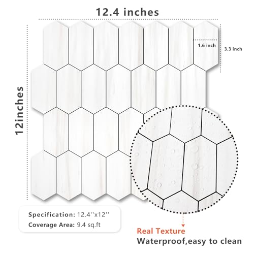 Vamos Tile Long Hexagon Peel and Stick Backsplash Tile - 10 Sheets Stick on Backsplash for Kitchen and Bathroom 12.4 x 12 Inch Dolomite Marble Look PVC Self Adhesive Mosaic Wall Tiles - color: Dolomite Marble Look