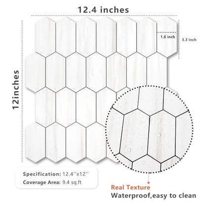 Vamos Tile Long Hexagon Peel and Stick Backsplash Tile - 10 Sheets Stick on Backsplash for Kitchen and Bathroom 12.4 x 12 Inch Dolomite Marble Look PVC Self Adhesive Mosaic Wall Tiles - color: Dolomite Marble Look