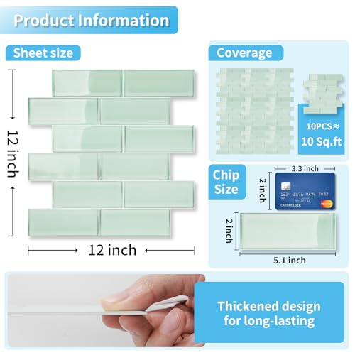 Art3d Seaglass Subway Design Peel and Stick Backsplash, 10-Pack, Aqua Green - color: Aqua Green