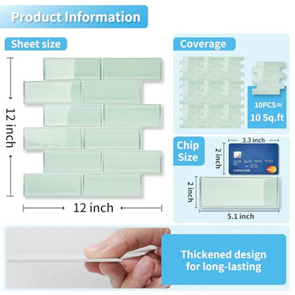 Art3d Seaglass Subway Design Peel and Stick Backsplash, 10-Pack, Aqua Green - color: Aqua Green