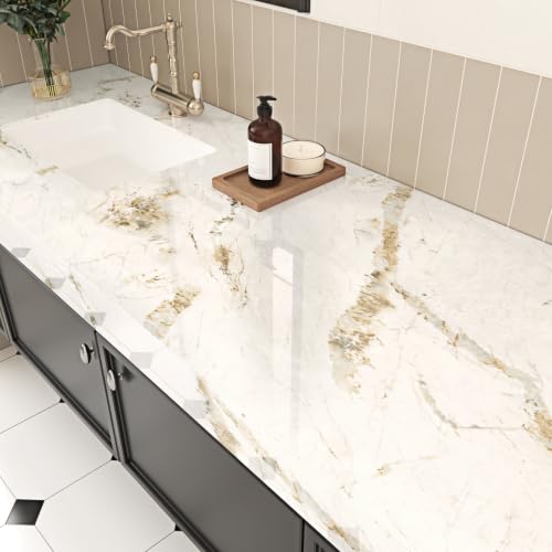 Wallercity Beige Marble Countertop Peel and Stick Glossy Marble Wallpaper - size: 15.8" x 78.7"