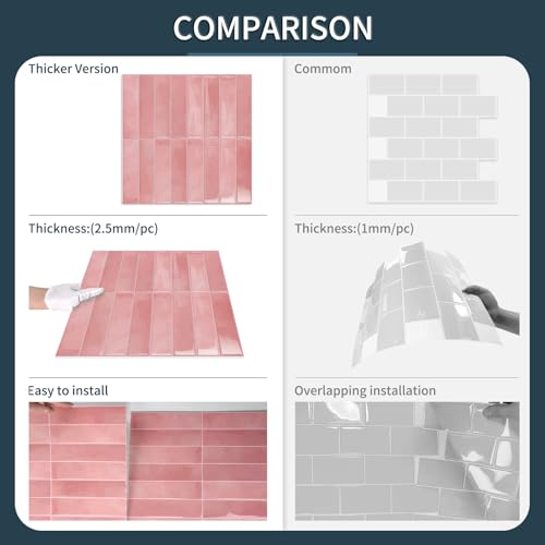 10 Sheets Upgraded Thicker Design Subway Tile Peel and Stick Backsplash - color: Pink