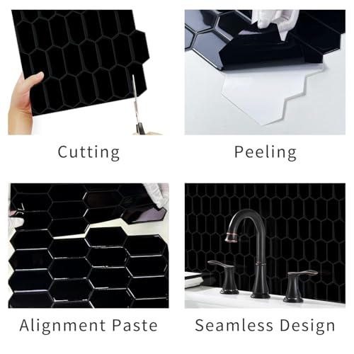 10-Sheet Long Hexagon Peel and Stick Kitchen Backsplash Tiles - color: Black