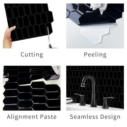 10-Sheet Long Hexagon Peel and Stick Kitchen Backsplash Tiles - color: Black