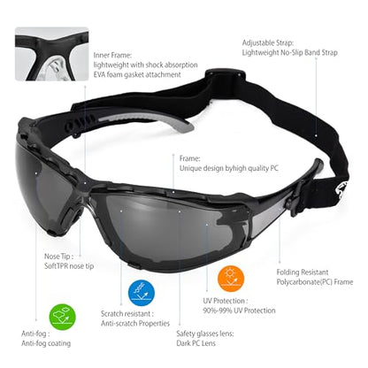 SAFEYEAR Safety Glasses Anti Fog Scratch Resistant ANSI Z87.1 CE Protective Eyewear with Foam Gasket Adjustable Strap - color: Tinted Black & Grey