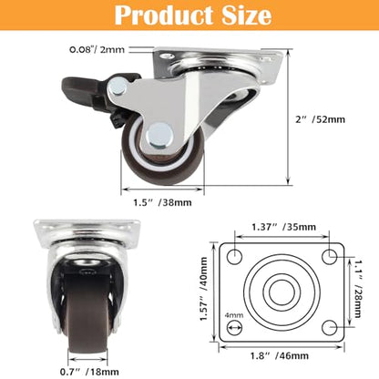 HOWDIA 1.5" Caster Wheels Low Profile Casters Set of 4 Heavy Duty, 360 Degree Rotation Furniture Casters Top Plate Soft Rubber Wheels for Furniture, 150 Lb Total Capacity(2 with Brakes & 2 Without) - style: 1.5" Square