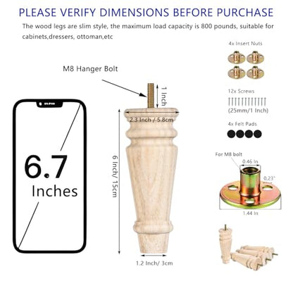 Maricome 6 Inch Bun Feet for Furniture Unfinished Wood Set of 4 Mid Century - color: 6 Inch Unfinished