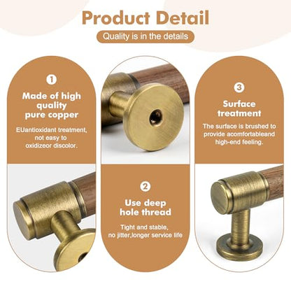 SALISENG-Solid Brass and Walnut Wood Kitchen Cabinet Pulls, 5 Pack 3-3/4 Inch Brass Dresser Drawer Handles, Modern Furniture Hardware Pulls for Bathroom Bedroom Living Room Cabinets - size: 3-3/4 Inch Hole Center