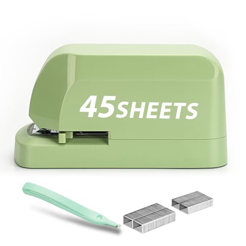 Heavy Duty Electric Stapler Value Pack, 45 Sheet Capacity, Includes 1500 Staples & Staple Remover, No-Jam, Faster Stapling, Automatic Stapler Desktop,AC Adapter Powered (Saga Green) - color: Saga Green