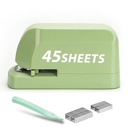 Heavy Duty Electric Stapler Value Pack, 45 Sheet Capacity, Includes 1500 Staples & Staple Remover, No-Jam, Faster Stapling, Automatic Stapler Desktop,AC Adapter Powered (Saga Green) - color: Saga Green
