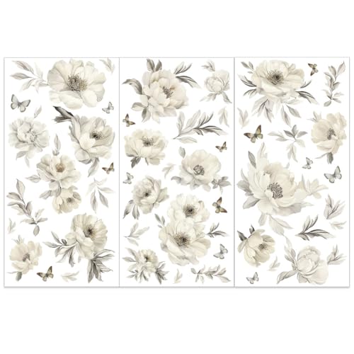 OLYCRAFT 3pcs/Set Ivory Flowers Rub on Transfers for Furniture and Crafts 6x12 inch White Flowers Furniture Decals Flower Theme Transfer Stickers Rub on Decals for Wood Furnitures Home Decor - style: Ivory Flower