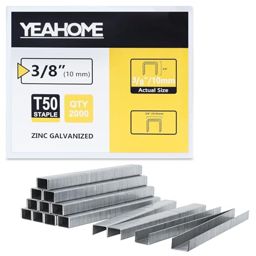 YEAHOME Heavy Duty Staples, 2000 Counts 3/8 inch T50 Staples, 20 Gauge Galvanized 3/8 Inch Crown Upholstery Staple for Pneumatic, Electric T50 Staple Gun - size: 3/8 inch