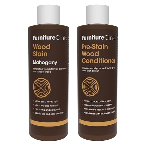 Furniture Clinic 8.5oz Mahogany Wood Stain + 250ml Pre-Stain Wood Conditioner | Water Based | Fast Drying, Low Odor, & Non-Toxic | for Indoor & Outdoor Furniture and More