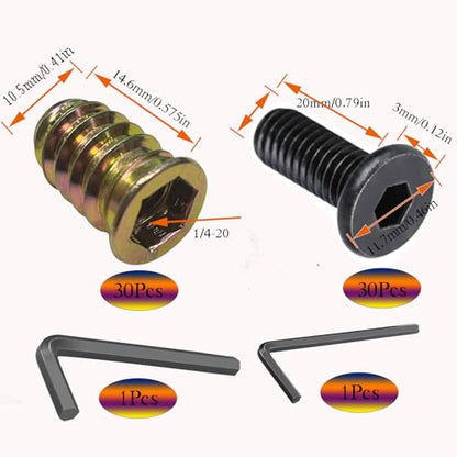 30 Sets 1/4-20 x 3/4" Furniture Screw Nut Threaded Inserts for Wood,1/4-20 x 19/32" Nut Threaded Wood Inserts Bolt Fastener Connector Hex Socket Drive Screw-in Nuts with Hex Spanner