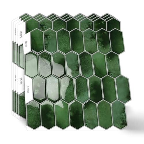 10-Sheet Long Hexagon Peel and Stick Kitchen Backsplash Tiles - color: Dark Green