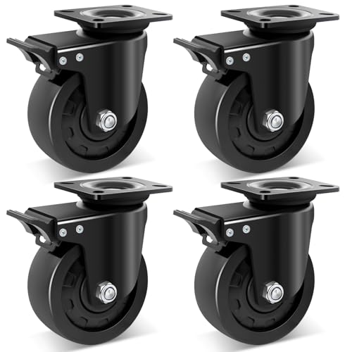 W B D WEIBIDA 5-inch Swivel Plate Caster Wheels Set of 4 Heavy Duty, Load Capacity 9900lbs, Extra Width Wheel & Steel Industrial Caster with Brake, Endurance &Quiet &Sturdy Nylon Wheels for Equipment - style: 5 inch(Metal)