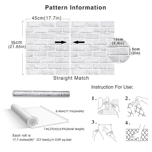 Cohoo Home White Brick Wallpaper Peel and Stick Contact Paper Faux 276”×18” - color: Gray/White, size: 17.7" x 276"