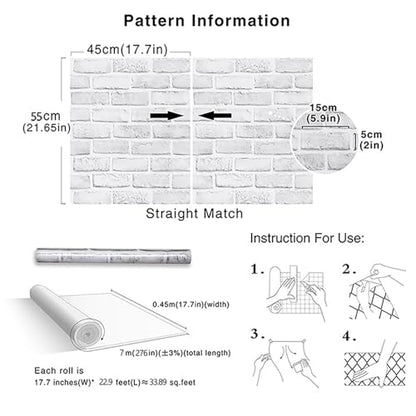 Cohoo Home White Brick Wallpaper Peel and Stick Contact Paper Faux 276”×18” - color: Gray/White, size: 17.7" x 276"