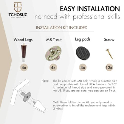 7 Inch / 18 cm Wood Furniture Legs with Silver Caps, Set of 4 Mid-Century Modern Solid Wood Round Replacement Feets with Hanger Bolt for Home DIY Cabinet Cupboard Ottoman with Cover