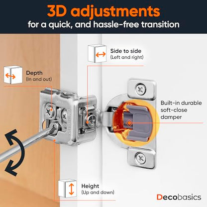 Decobasics 50 Pack Soft Close Cabinet Hinges 1-1/4" Overlay for Kitchen Cabinet Doors, Slow Self-Closing Concealed Hidden Hinges for Face Frame –Stainless Steel, 3-Way Adjustable & Quiet Close Damper - size: 1-1/4 Inch