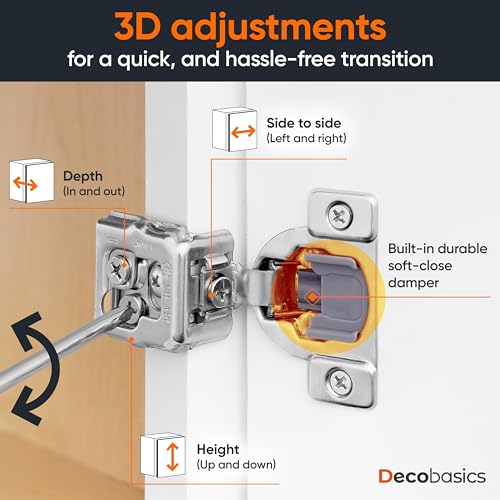 Decobasics 2 Pack Soft Close Cabinet Hinges 1-1/2" Overlay for Kitchen Cabinet Doors, Slow Self-Closing Concealed Hidden Hinges for Face Frame –Stainless Steel, 3-Way Adjustable & Quiet Close Damper - size: 1-1/2 Inch