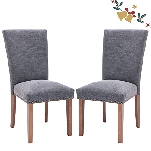 Parsons Dining Chairs Set of 2, Upholstered Nailhead Dining Room Kitchen Side Chair with Thick Cushions and Wood Legs, Dark Grey - color: Grey, size: set of 2