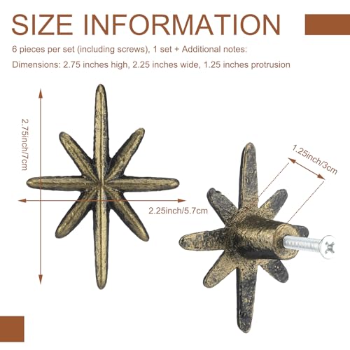6 Set Unique Antique Gold Cast Iron Drawer Pulls & Cabinet Knobs - color: Antique Gold, size: 8-pointed Star