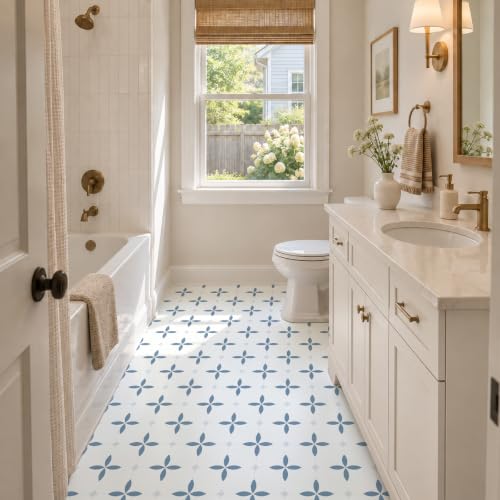 MORCART 20Pcs Peel and Stick Floor Tile 7.87" x 7.87" Blue - color: Blue+White