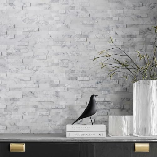 5-Sheet Real Stone Peel and Stick Backsplash — 3D Linear Marble Mosaic, 8mm Thick Solid Natural Stone Tiles for Kitchen, Fireplace & Vanity (11.5"x10.7", Mixed Gray) - color: Carrara white