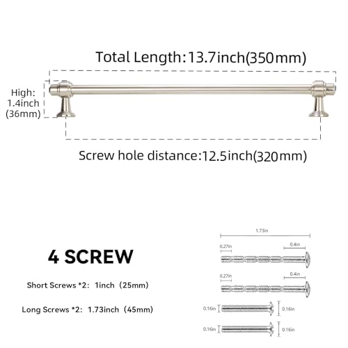 10 Pack 12-3/5 Inch(320mm) Kitchen Cabinet Handles Brushed Satin Nickel Cabinet Pulls Silvery Drawer Pulls Zinc Alloy Kitchen Hardware - color: Brushed Satin Nickel, size: 12-3/5'' Hole Center(320mm)