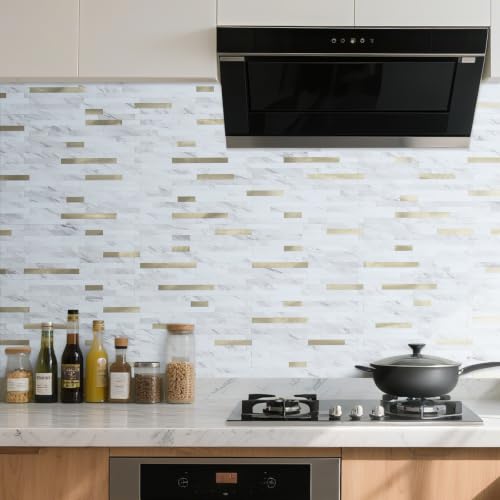 DICOFUN 20 Sheets White Marble Peel and Stick Backsplash, PVC Mixed Metal Gold Stick on Wall Tiles for Kitchen and Bathroom - color: White Marble + Metal Gold, size: 20 Sheets, 6’’x12’’x0.12’’