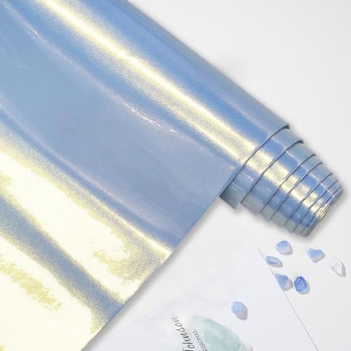 53 x 11.8 Inch 0.8mm Glossy NEON Vinyl Fabric Synthetic Leather Roll Mirrored Shiny Faux PU Leather Sheets Sky Blue Smooth Holographic Leatherette Fabric for Earring Bow DIY Project - color: Light Blue