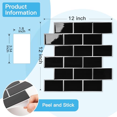Art3d 10-Pack Subway Peel and Stick Backsplash, Black with Silver Grout - color: Black With Silver Grout