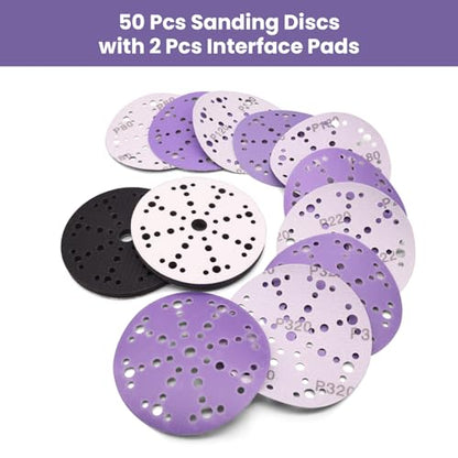 6 Inch 49 Hole Ceramic Sanding Discs with 2 Pcs Interface Pads, 50 Pack - style: Mix Grit + Interface Pad