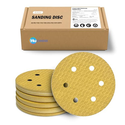 100Pcs 6 Inch 6-Hole Hook&Loop Sanding Discs, 240 Grit Diamond Yellow Sand, Dust-Free/Wear-Resistant, Latex Paper Base (No Fray), 135G Backing for Wood/Metal/Auto, DIY & Pros - style: 6inch-6Hole
