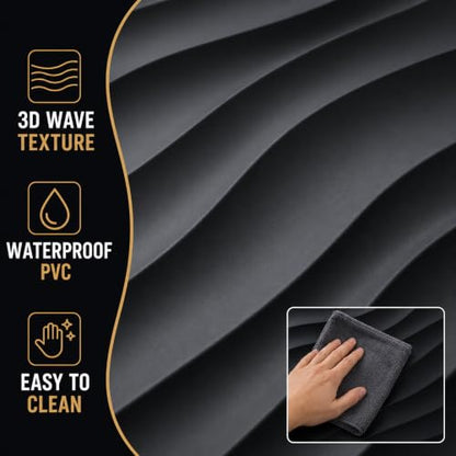 Chunful 30 Pcs 28.81 Sq ft 3D Wall Panels PVC Wave Design,11.8" x 11.8" Wall Panels Brick Wallpaper Waterproof for Interior Living Room Bedroom Decor(Black)