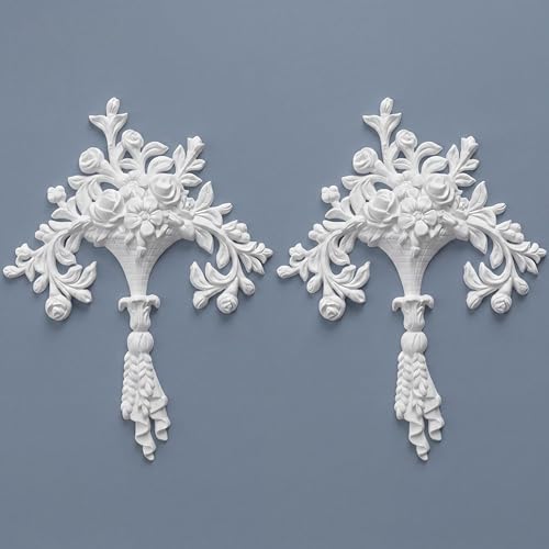 2 PCS Baroque Style Flower Carved Onlay Applique White PVC Appliques for Furniture Decorative 3D Symmetrical Furniture Decorative for Cabinets Dressers Mirrors DIY Home(Cute) - style: Cute