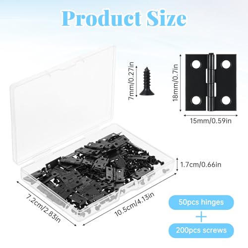 50 Sets Small Hinges with Screws, 18 X 15mm Black Metal Mini Hinges for Crafts Jewelry Box Hinge with 200 Screws, Retro Jewelry Folding Butt Tiny Hinge Hardware for DIY Crafts Wood Picture Frame