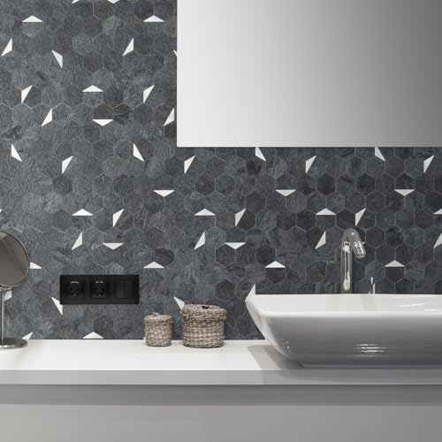 DICOFUN 10-Sheet 12"x12" Black Slate Hexagon Tile Peel and Stick Backsplash, PVC Mixed Silver Metal Mosaic Tiles for Kitchen and Bathroom - color: Black Slate + Silver Metal Chip, size: 10 Sheets, 12''x12''x0.12''