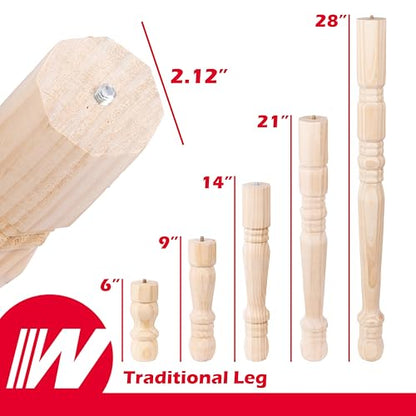 Waddell Traditional Pine Table Leg (4 Count, 6" H) | Quick Mount Decorative Wood Legs with 5/16" Hanger Bolt | Replacement Unfinished Furniture Legs for Crafts, Renovating, Upcycling DIY Home Decor - size: 6"H